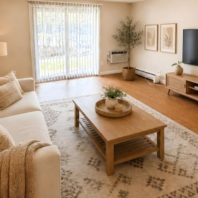 a living room with a large television